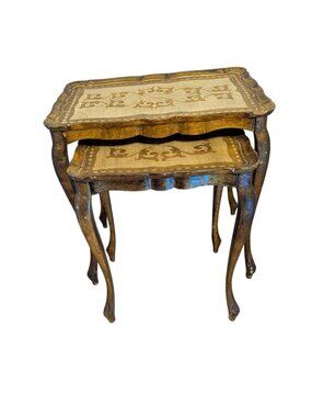 Vintage Florentine Gold White 2 Nesting Tables Floral Pattern Ornate Resin